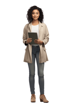 Woman in a beige coat holding a tablet png