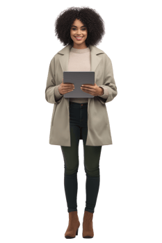Woman in coat holding tablet png