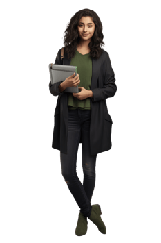 A woman in a green shirt and black jacket holding a laptop png