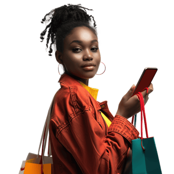 A woman holding shopping bags and a smart phone png