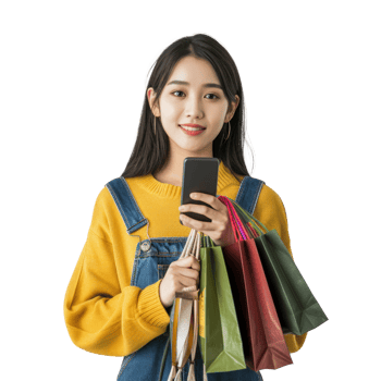 Asian woman holding shopping bags and looking at her phone png