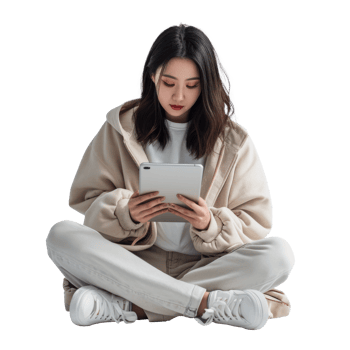A woman in a beige jacket sitting on the floor with a tablet png