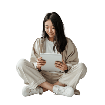 A woman sitting on the floor with a tablet png
