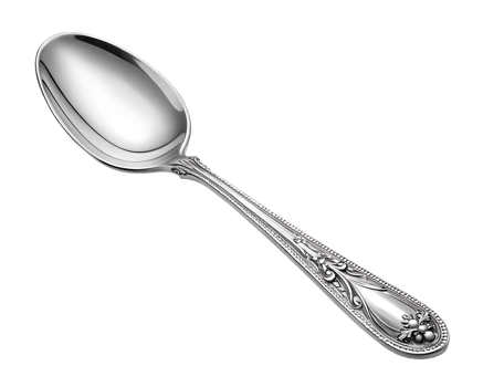 Shiny silver spoon, polished metallic utensil, elegant kitchenware png