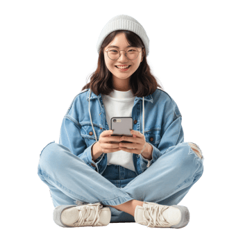 A girl in a denim jacket and glasses sits on the floor and uses her phone png