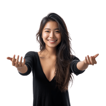 A woman is holding her hands out in front of her png