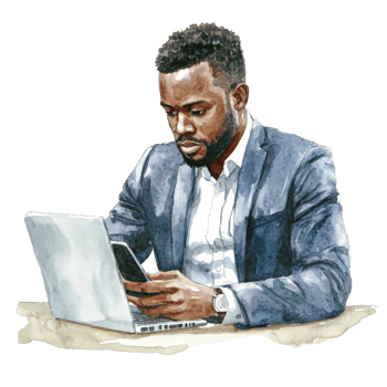 A Professional Black Man Works on Laptop and Phone png