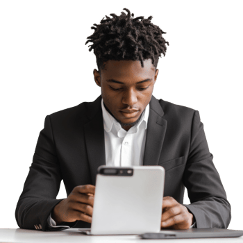 Young Man in Suit Using a Tablet Device png