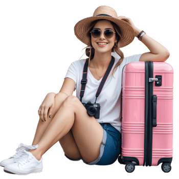 A woman in sunglasses and a hat sitting on a pink suitcase png
