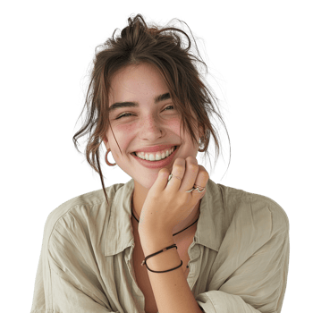A woman smiling while holding her hand to her face png