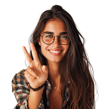 A woman with glasses and a peace sign png