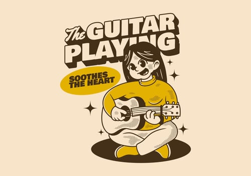 The playing guitar. Retro girl character illustration playing a guitar vector