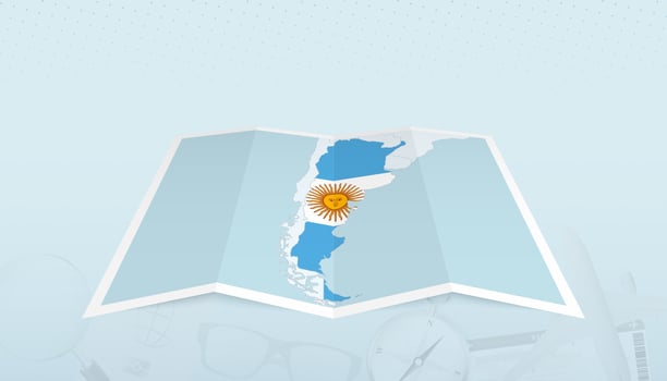 Map of Argentina with the flag of Argentina in the contour of the map on a trip abstract backdrop. vector