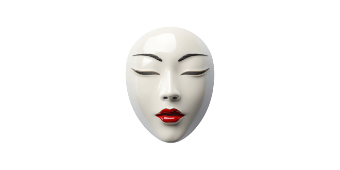 White ceramic female mask with red lips isolated on transparent background png