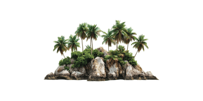 Tropical island with palm trees and rocks isolated on transparent background png