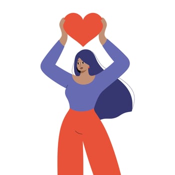 Woman Holding a Heart Up High, Expressing Love and Care vector