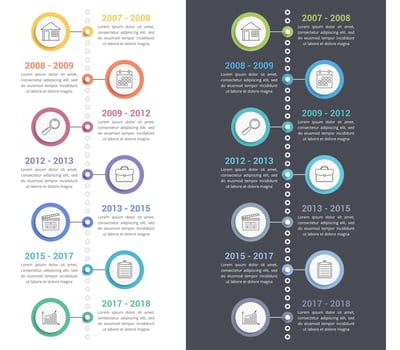 Vertical timeline infographics template with line icons, workflow or process diagram, white and dark backgrounds vector