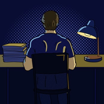 Man working at night pop art style illustration. Human illustration. Comic book style imitation. Vintage retro style. Conceptual illustration vector