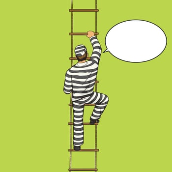 Prisoner crawling on a rope ladder pop art style illustration. Human illustration. Comic book style imitation. Vintage retro style. Conceptual illustration vector