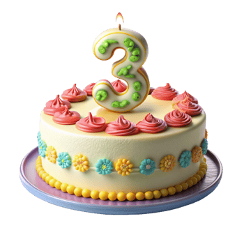 beautiful birthday celebration cake and written three on the cake is isolated on transparent background png