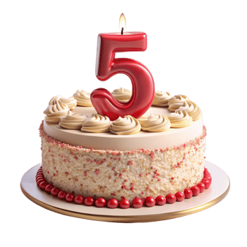 birthday celebration cake and written five on the cake is isolated on transparent background png
