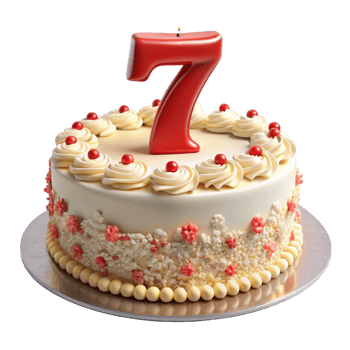 beautiful birthday celebration cake and written seven on the cake is isolated on transparent background png