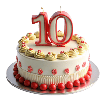 birthday celebration cake and written ten on the cake is isolated on transparent background png