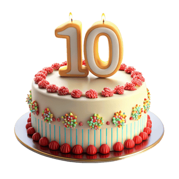 beautiful birthday celebration cake and written ten on the cake is isolated on transparent background png