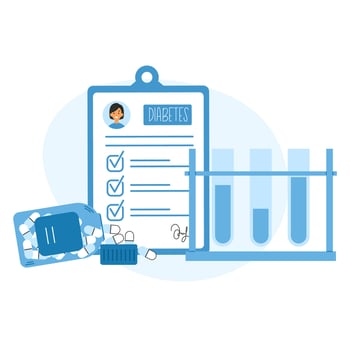 Glucose control concept with diabetes patient card. Diabetes awareness with medical pills and test tubes vector