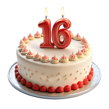 tasty birthday celebration cake and written sixteen on the cake is isolated on transparent background png