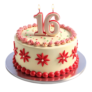 birthday celebration cake and written sixteen on the cake is isolated on transparent background png