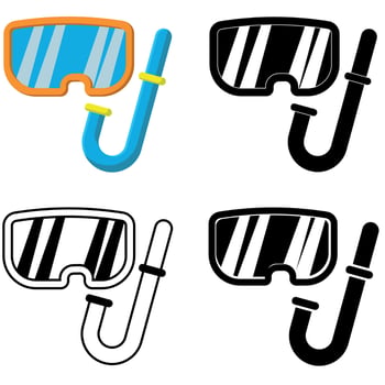 Set of diving snorkel and goggles in black and white, knockout and colour cartoon versions, swimming accessory diving mask icons isolated on a white background vector