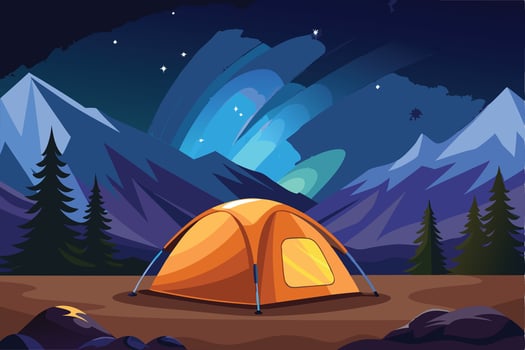 Camping Tent Under a Night Sky with Northern Lights. vector