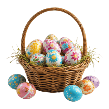 Easter Basket with Colorful Painted Eggs and Floral Patterns on Transparent Background png