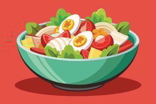 Colorful illustration of a delicious salad in a teal bowl. vector