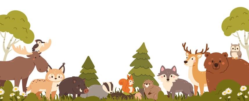 Forest animals. Cartoon background with woodland mammal. Wild animal banner with bear, cute deer, wolf, funny beaver, squirrel, wild boar, trees, bushes. Kids poster vector