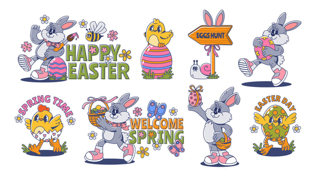 Happy Easter. Cute rabbits, chickens and eggs. Retro groovy Easter elements. Funny bunnies, spring flowers, colorful holiday egg, festive decoration, kids chick. set vector