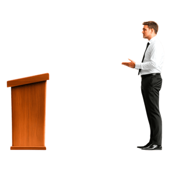 Businessman Giving Presentation at Podium with Confident Gesture png