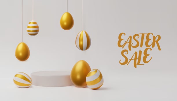 3d render easter gold podium, egg banner. Three-dimensional illustration. Greeting poster for celebration, springtime holiday, kids hunt or design for sale advertising. Modern seasonal template vector