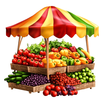 Vibrant Outdoor Market Stall with Fresh Fruits and Vegetables png