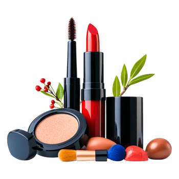 Cosmetic Arrangement with Lipstick, Eyeshadow, Brushes, and Greenery png