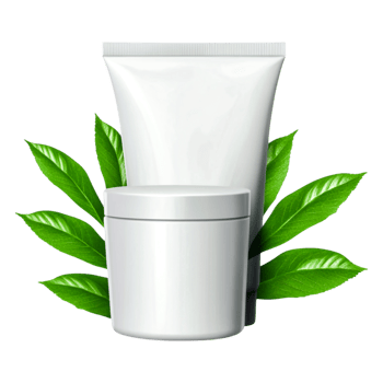 Minimalist White Cosmetic Containers with Green Leaves Surrounding png