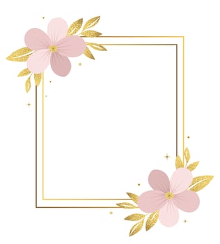 Empty botanical frame with golden leaves and pink flowers. Gentle botanical template, frame, invitation vector