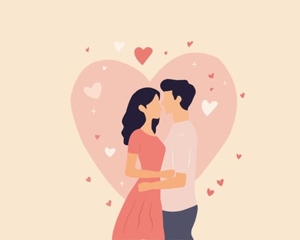 An illustration of a couple embracing each other with a heart-shaped background and surrounded by small heart symbols. This image symbolizes love, romance, and Valentine's Day celebrations vector