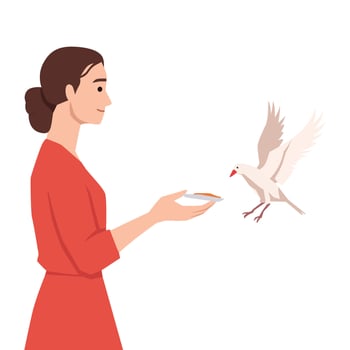 Woman Feeding a Bird. Woman offers food to a flying bird, connection with nature. vector