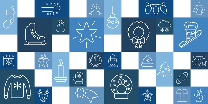 Winter icons. Christmas and New Year icons on blue squares. Set of Christmas icons. Bright background. vector