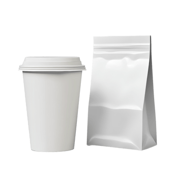 White disposable cup and stand up pouch mockup png
