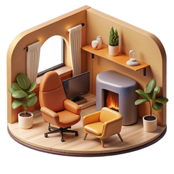 Cozy Living Room Design Fireplace, Armchair, and Plants png