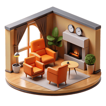 Cozy Living Room Fireplace, Armchairs, and Modern Decor png