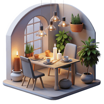 Cozy Dining Room Evening Ambiance with Plants Candles png